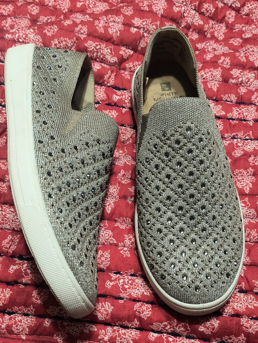 White Mountain Slip-On Knit Rhinestone Sneakers in Silver And Tan